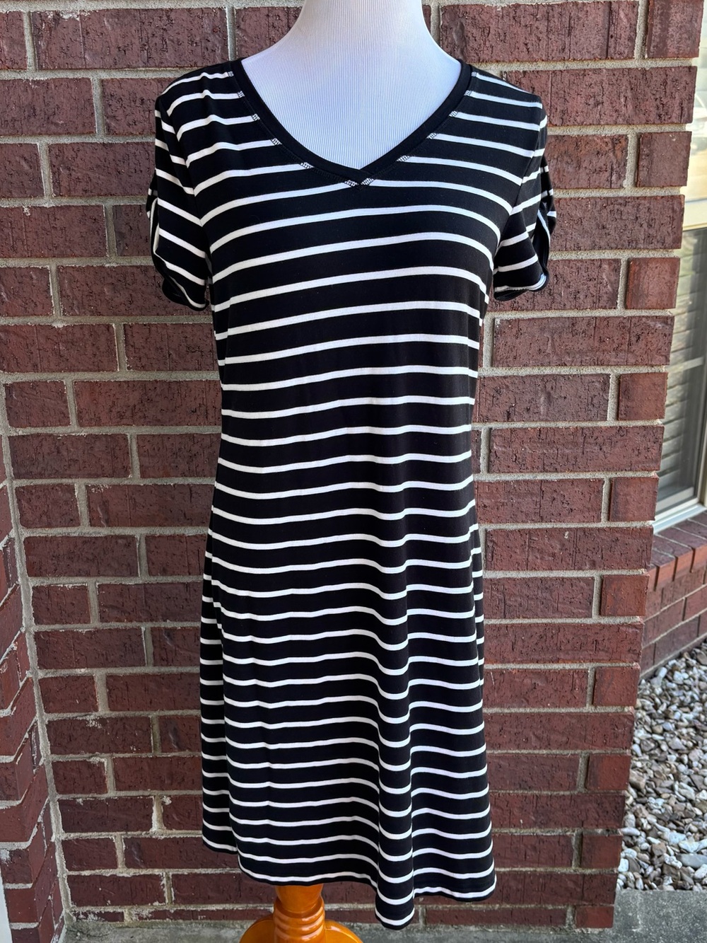 Talbots Black and White Striped V-Neck Dress